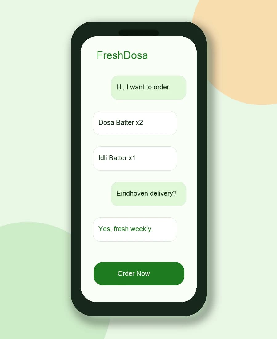 FreshDosa WhatsApp order phone mockup